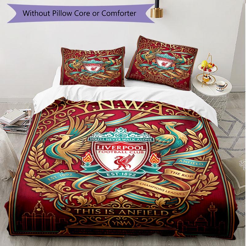 3pcs Duvet Cover Set (1*Duvet Cover + 2*Pillowcase, Without Core), Liverpool Football Club Print Soft All‑Season Bedding Set, Home Bedroom Decor Gift