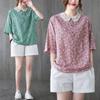 2023 Summer Floral Lace Collar Cotton Linen Plus Size Women's Casual Slimming T-Shirt