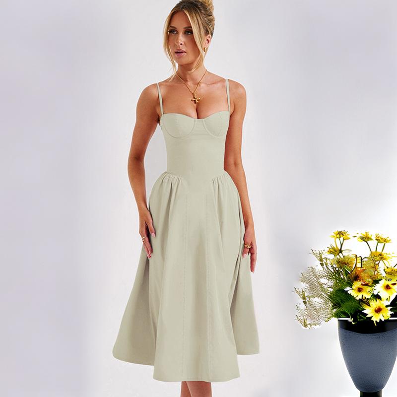 Женское платье длиной до колена с открытой спиной и принтом на тонких бретельках с v-образным вырезом и высокой талией