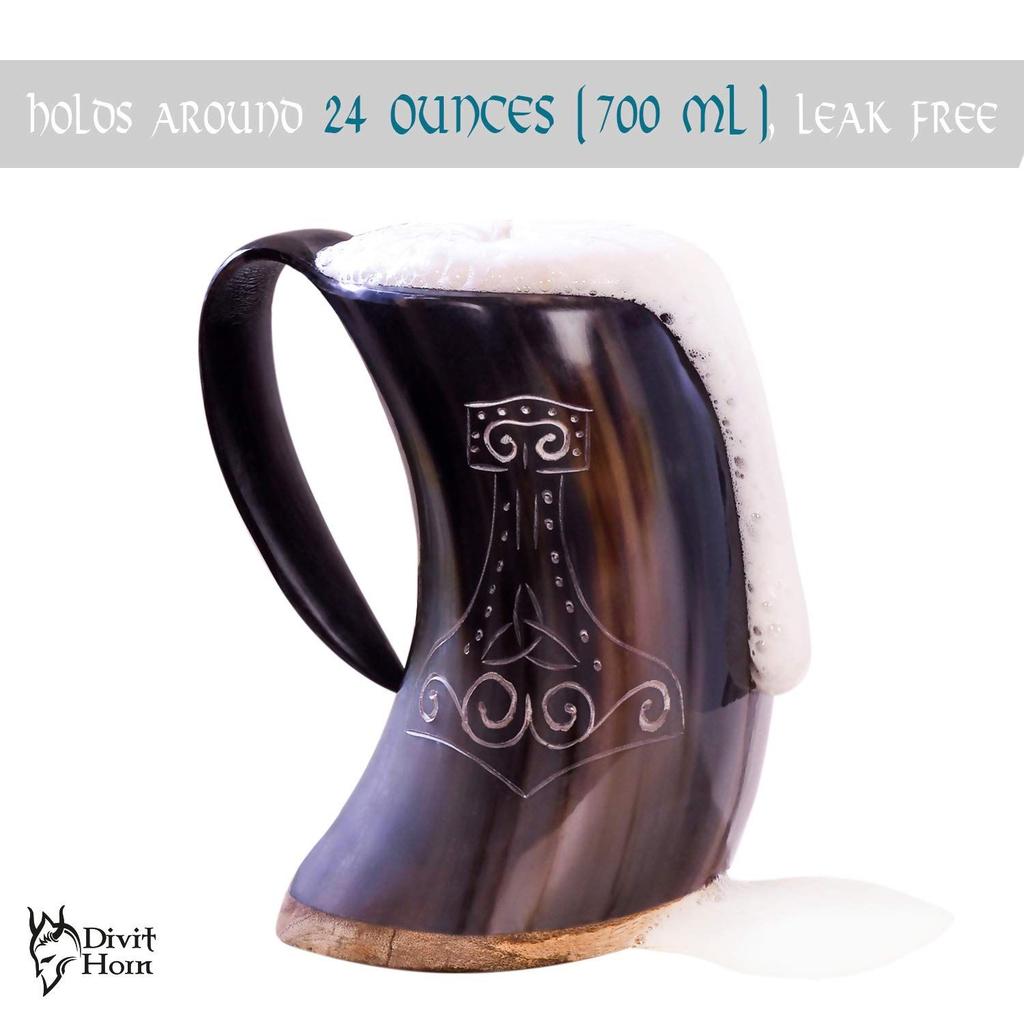 Viking Drinking Horn Mug | Authentic Medieval Beer Horn Tankard |  Capacity Horn Cup/Stein. (Mjolnir, Polished)