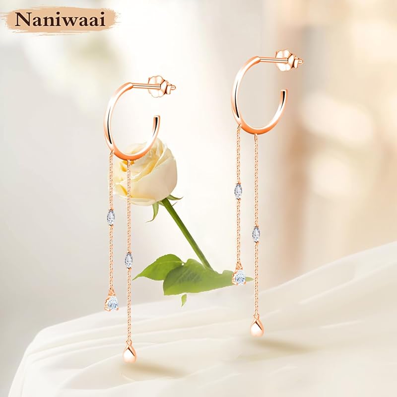 Naniwaai Earrings Ladies Popularity High Quality Zirconia 2 Series Sway Half Hoop Silver Compatible with Metal Allergies Woman Long Present Holiday