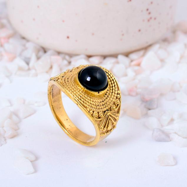 Black Onyx Brass Ring, Wide Band Statement Jewelry, Rustic Tribal Gemstone Ring, Protective Stone Boho Gift, Unisex Cocktail Ring