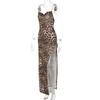 Leopard Print Women Chain Strap Side Slit Maxi Dress Backless Bodycon Sexy Streetwear Festival Evening Elegant