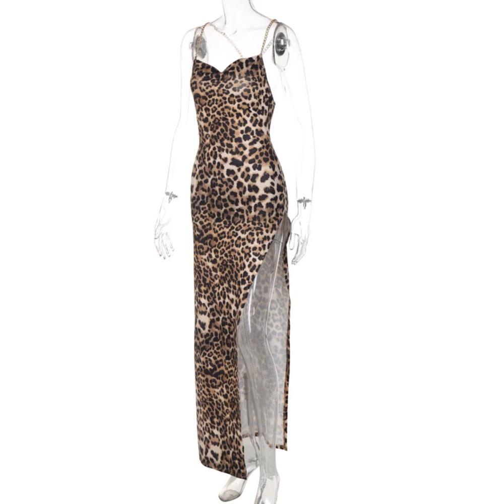 Leopard Print Women Chain Strap Side Slit Maxi Dress Backless Bodycon Sexy Streetwear Festival Evening Elegant