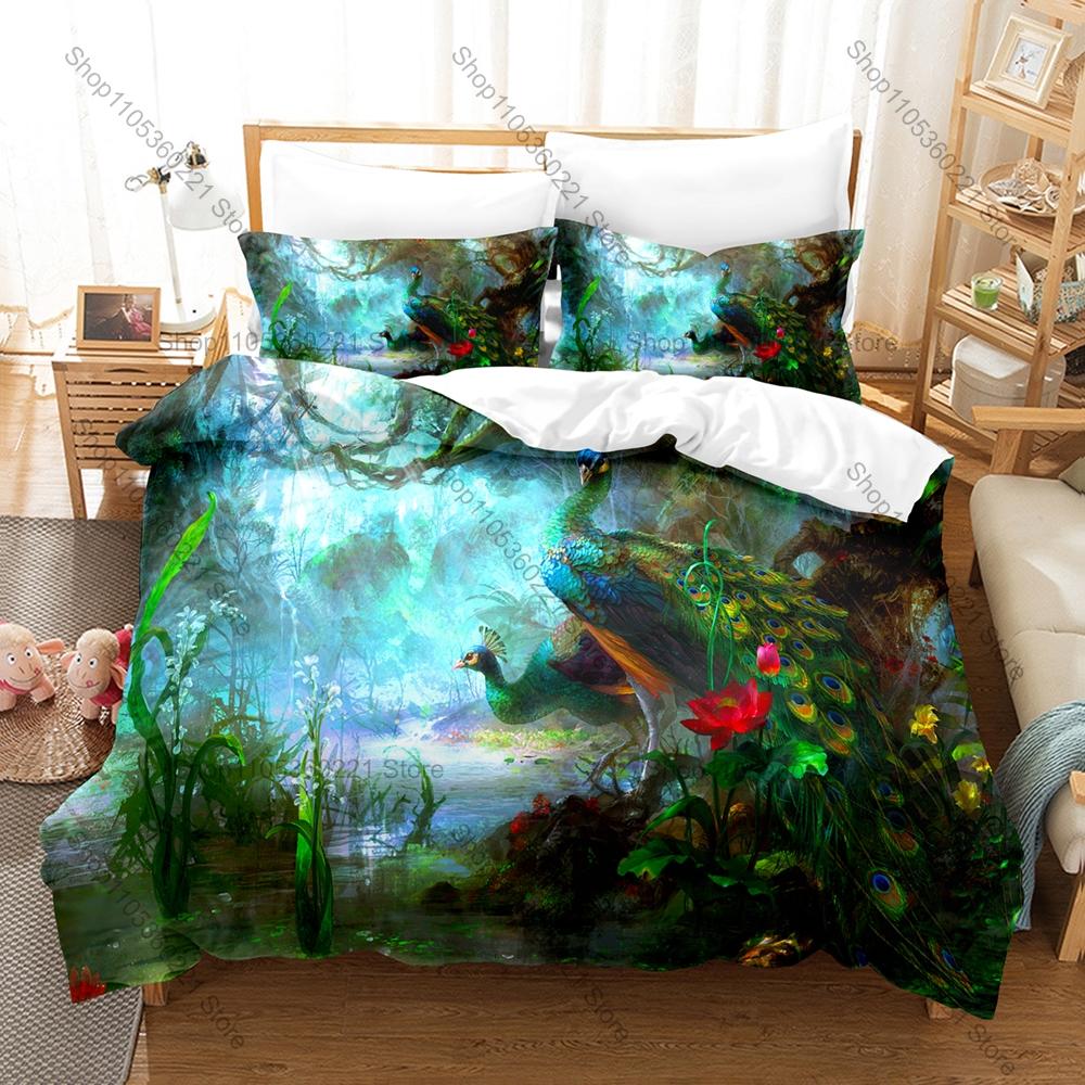 Peacock Printed Bedding Set, Duvet Cover + 2 Pillowcases Elegant Bird Pattern Soft Bed Sheets for Living Room Dorm Decoration
