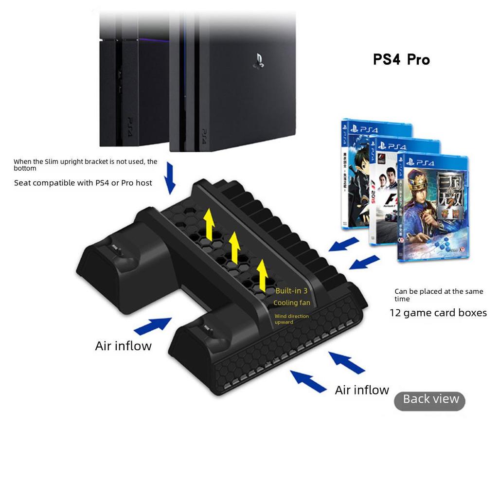 Охлаждающая станция для PS4/Slim/Pro: Многофункциональная подставка для радиатора с вентилятором, держателем для дисков и двойным зарядным устройством.