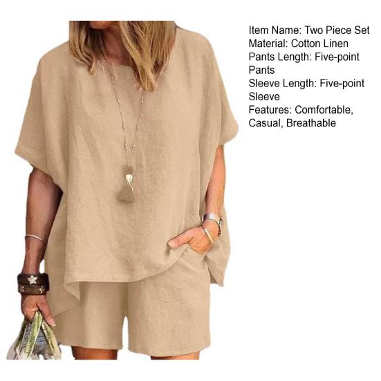 Yousheng Women's Cotton Linen 2-Piece Outfit Short Sleeve Crewneck Pullover Top And Shorts Set with Pockets Summer Casual Loungewear Tracksuit