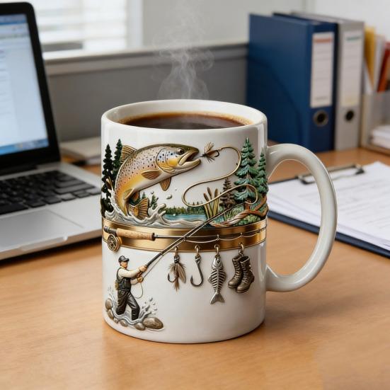Керамическая кружка "Подсел на рыбалку" 2D Плоская печать Чашка для чая и кофе Забавные подарки для мужчин Папы Мужа Любителей рыбалки и парусного спорта