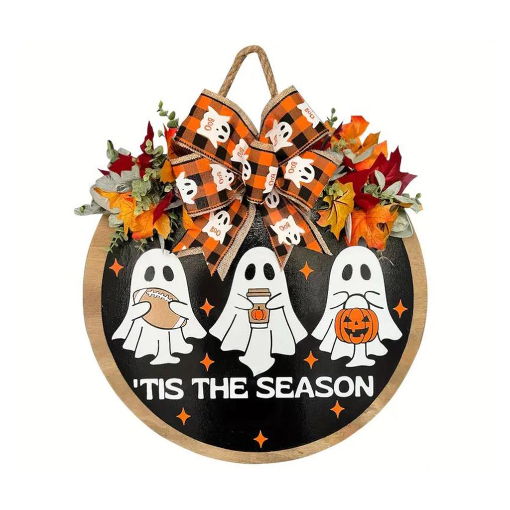 Unique Wood Fabric Crafted Halloween Ghost Wall Hanging Featuring Realistic Maple Leaves For Home Holiday Seasonal Decorations