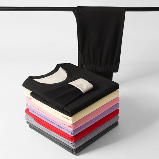 2 Pcs/Set Men Winter Underwear Suit Bottoming Clothes Thick Soft Plush Solid Color Elastic Round Neck Adjustable Waist Long Sleeve Top Pants