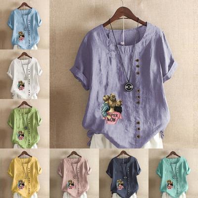 Женская новая модная льняная рубашка с круглым вырезом и коротким рукавом, футболка с детским рисунком, летняя женская повседневная блузка больших размеров, топы