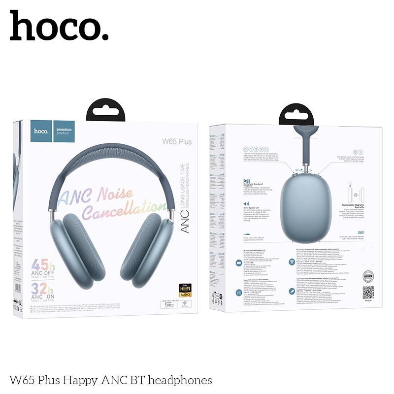HOCO W65 Plus ANC Наушники Bluetooth с шумоподавлением, накладные, беспроводные, большие, Hi-Fi звук, спортивные гарнитуры с кнопкой