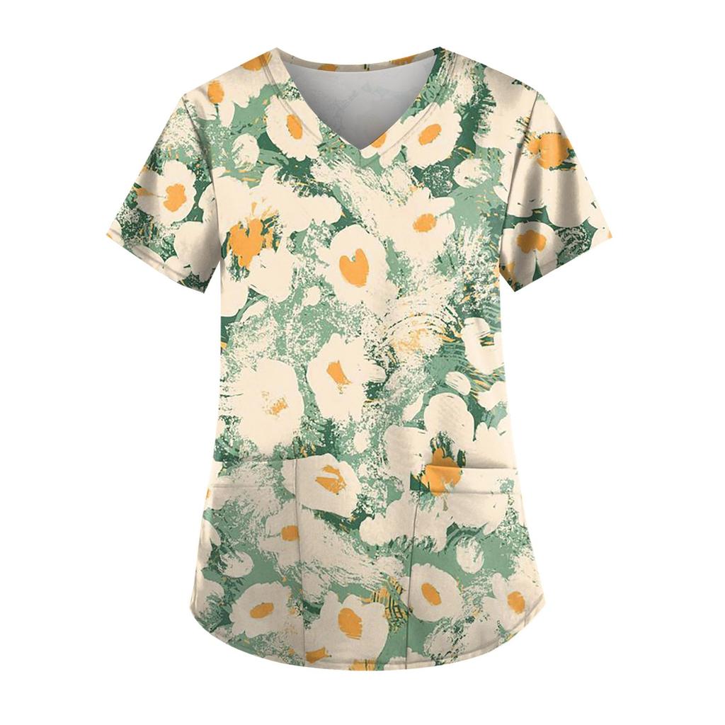 Женские топы с короткими рукавами и v-образным вырезом с принтом, рабочая блузка с карманами