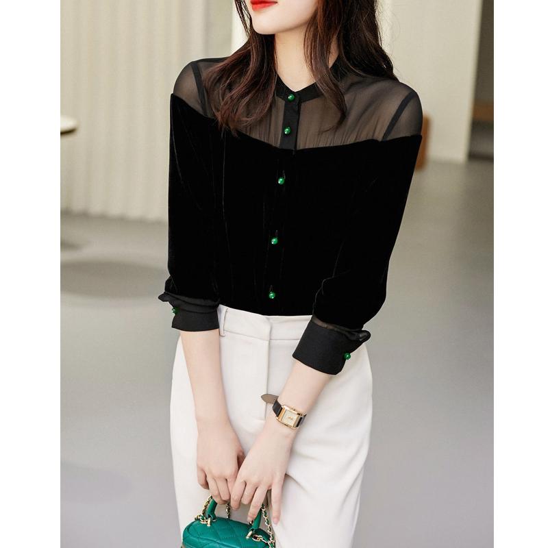 Сексуальная прозрачная сетчатая блузка с пэчворком, элегантная и шикарная, женская, весенне-летняя мода, воротник-стойка, длинный рукав, черный топ, женская блузка