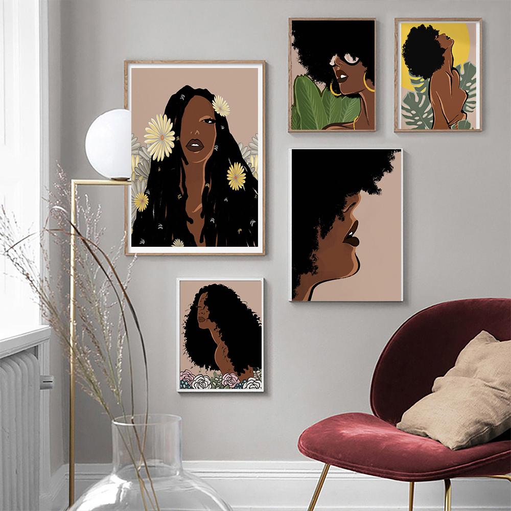 Африканское искусство Картина холст Черная женщина Черная девушка с тропическими листьями монстеры Постеры и принты Бохо Настенное искусство Картинки