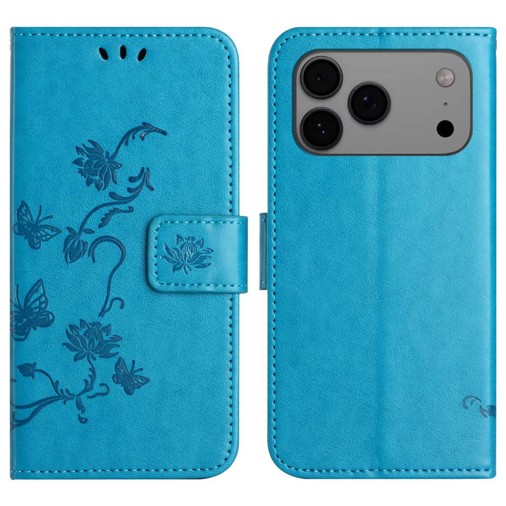 For iPhone 17 Pro Case Wallet Stand Imprinted Butterfly Flower PU Leather Phone Cover