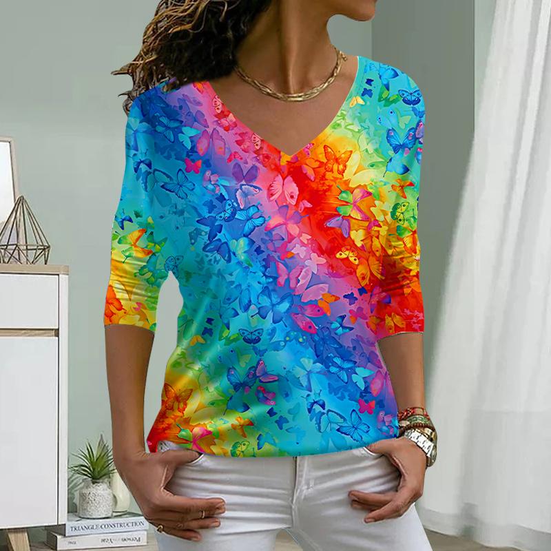 Женские футболки с принтом полых бабочек, женские топы, длинные рукава, V-образный вырез, пуловер, женские футболки, футболка для женщин