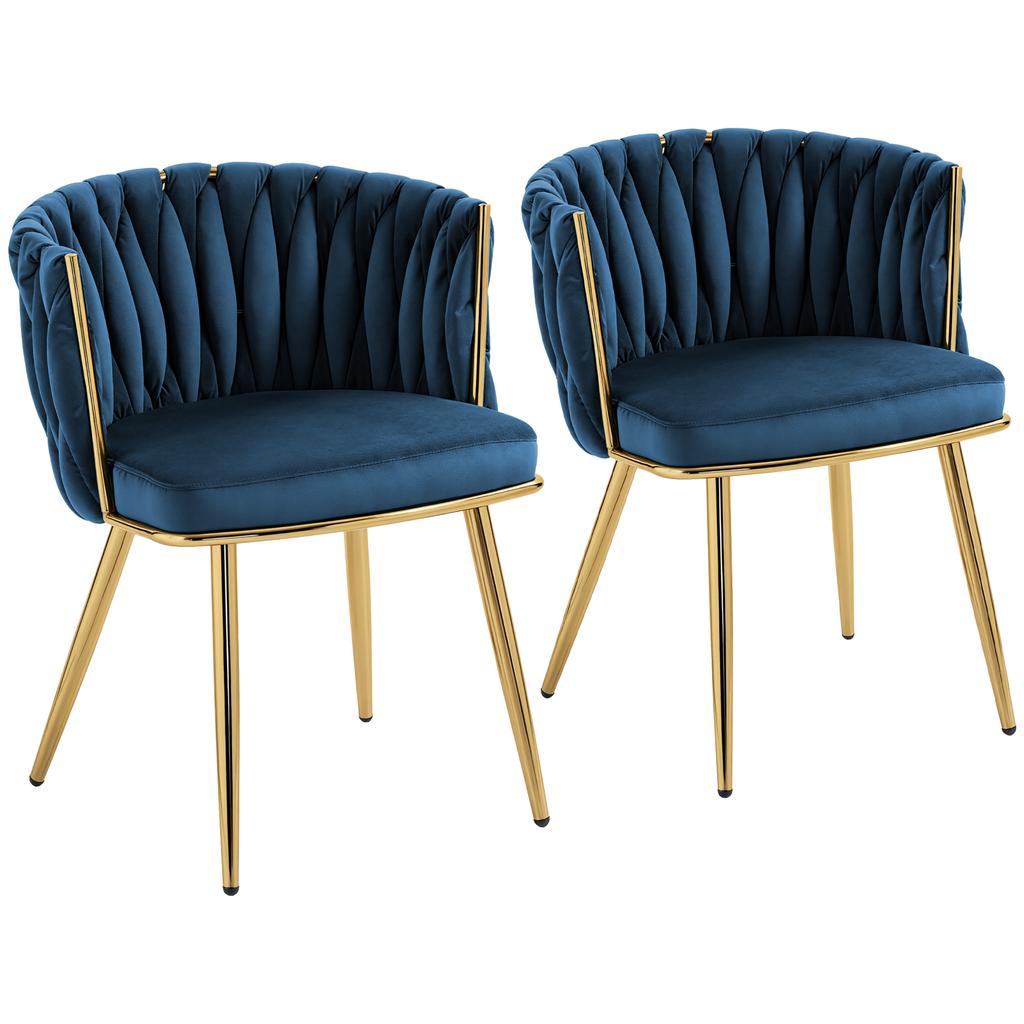 Velvet-Feel Dining Chairs Set of 2, Modern Upholstered Kitchen Chairs with Woven Backrest and Armrests, Metal Legs and Padded Seat for Dining Room