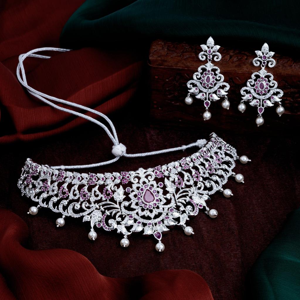Великолепный комплект свадебного ожерелья Estele с родиевым покрытием CZ, красными камнями и жемчугом для женщин