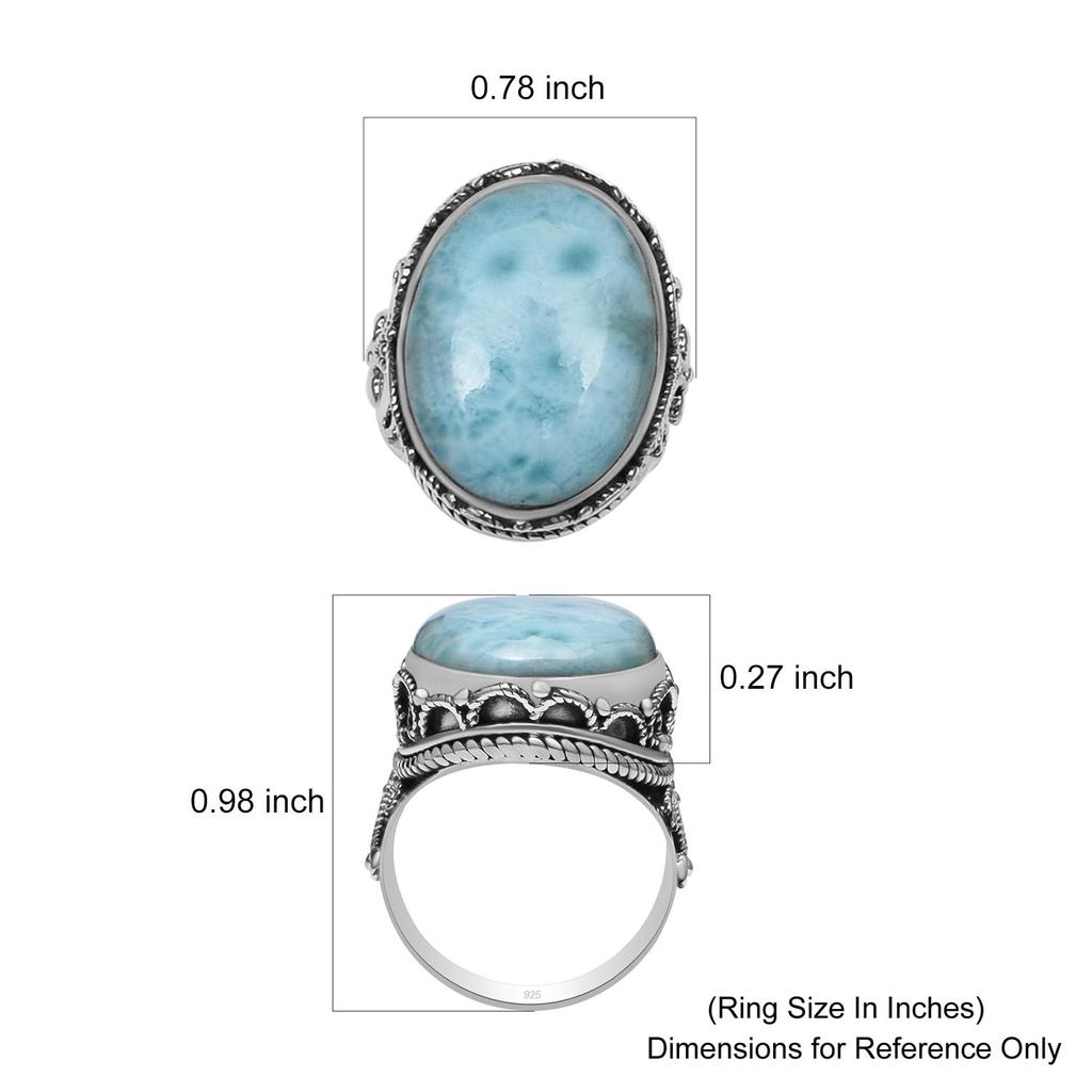 925 Sterling Silver Natural Larimar Gemstone Oval Huge Statement Rings For Unisex