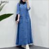 Women Casual Round Neck Loose Long Sleeve Retro Long Dress
