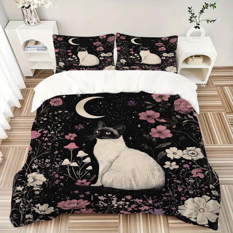 3pcs Flowers Moon Cat Elements Print Cover Set Ultra Soft, Breathable, and Comfortable Bedding with Stylish Design for Bedroom and Guest Room Dec