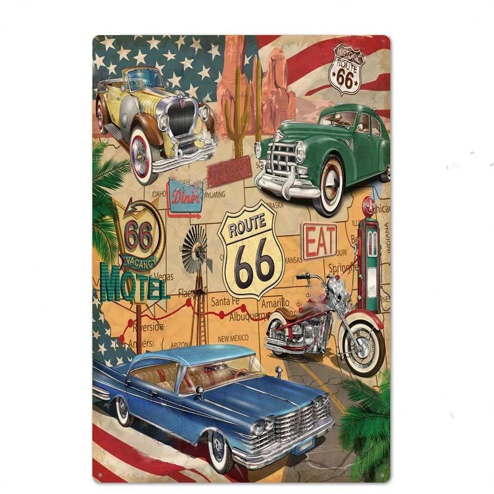 Сувенирная номерная табличка Route 66, Американский металлический знак для авто 20x30см
