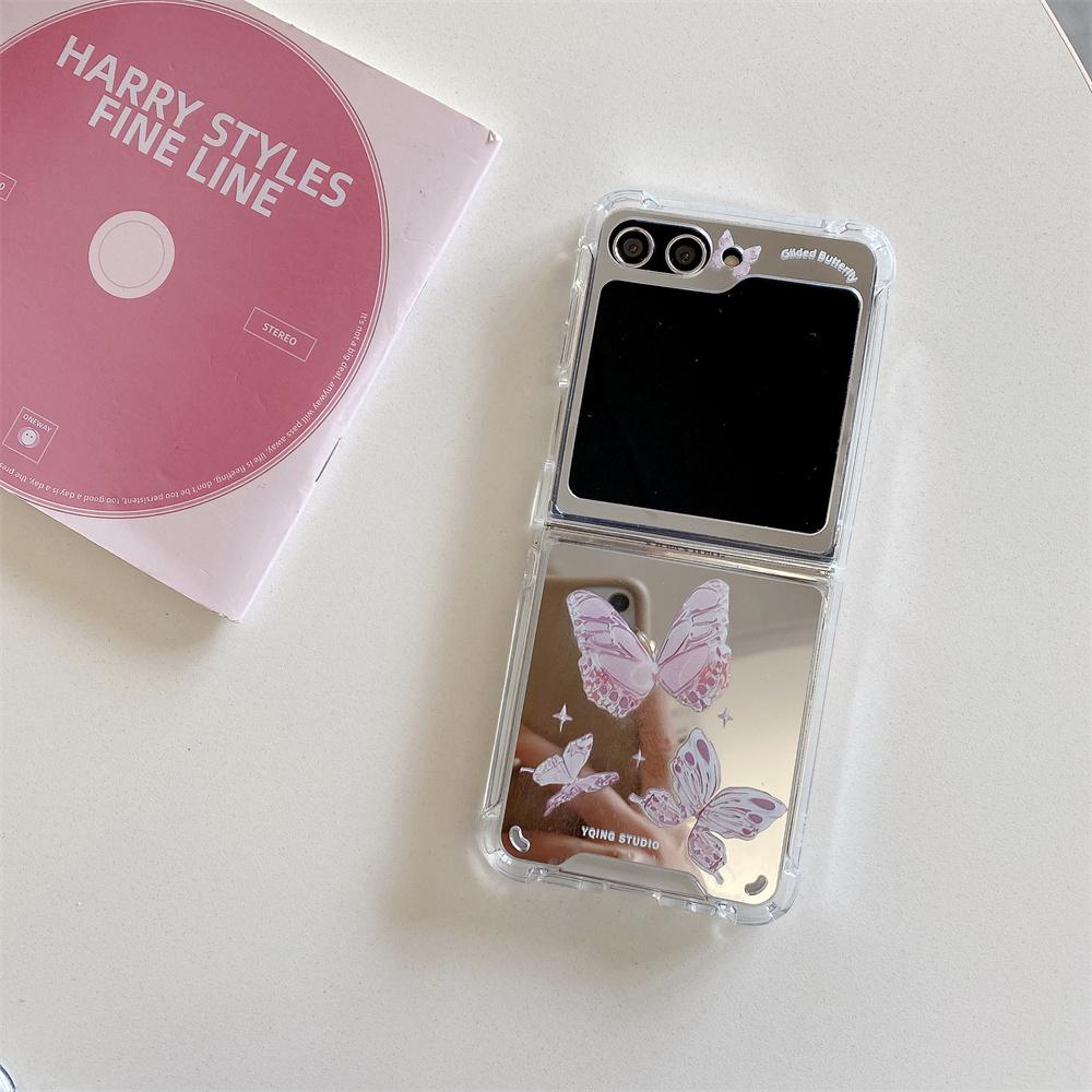 Cute Cartoon Butterfly Bracelet Case for Samsung Galaxy Z Flip 5 4 3 6 Flip5 Flip4 Cat Dog Mirror Make Up Wrist Chain Cover