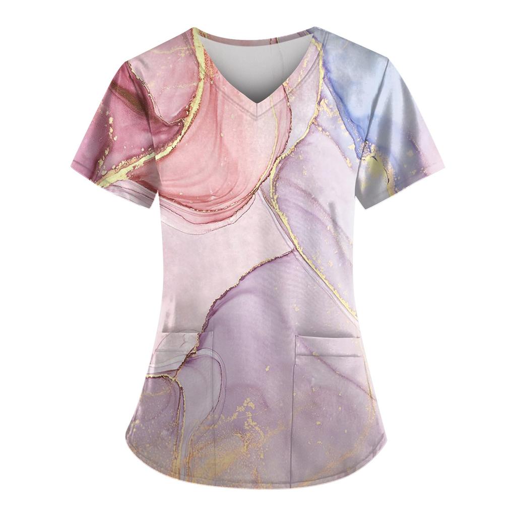 Женская мода, рабочая одежда с v-образным вырезом, короткими рукавами и карманами, топы с принтом, летние топы для женщин