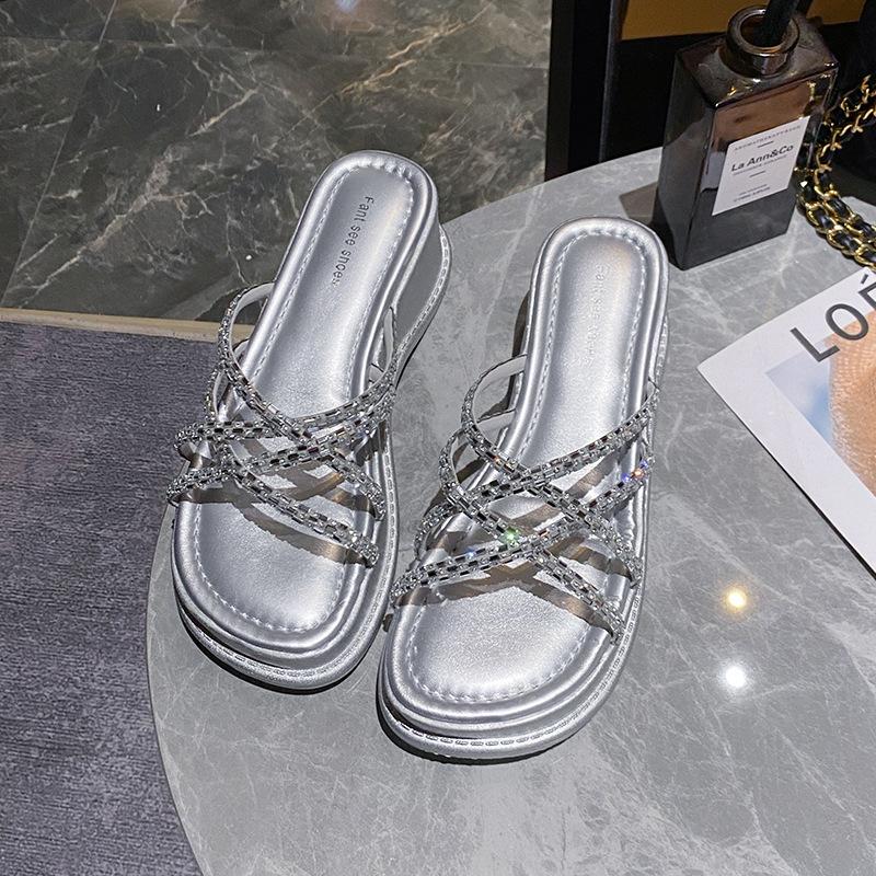 Thick Sole Rhinestone Slippers Women's Wedge Sandals Outdoor 2024 Summer Shoes Fashion Platform High Heel Female Slides