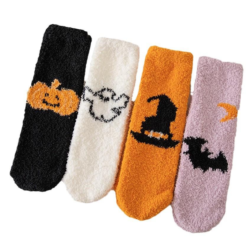 Women's Mid-Calf Halloween Socks, Fleece-Lined, Warm & Cute Cartoon Design for Autumn/Winter.
