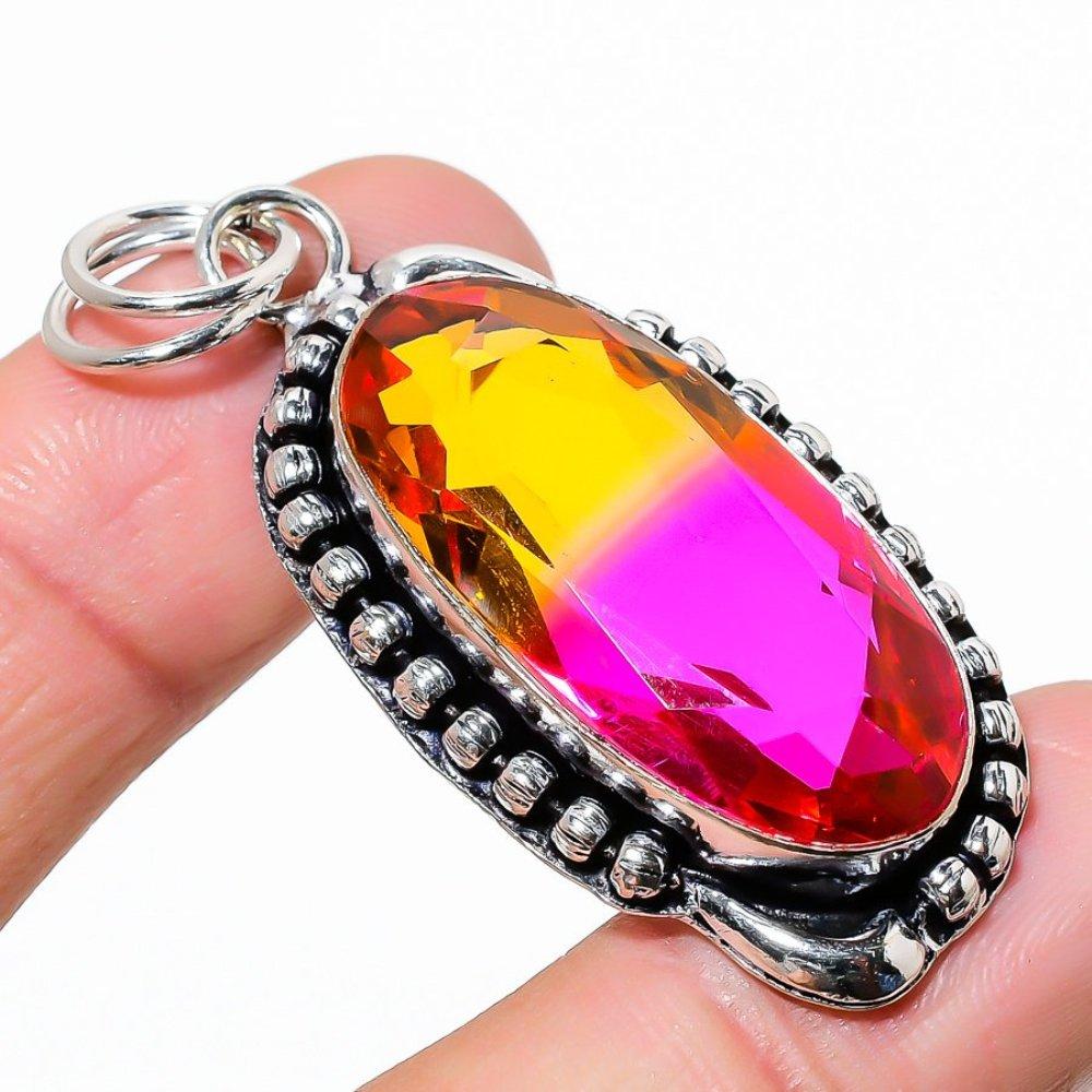 Bi-Color Tourmaline Gemstone 925 Sterling Silver Jewelry Pendant 2.29" R6w83