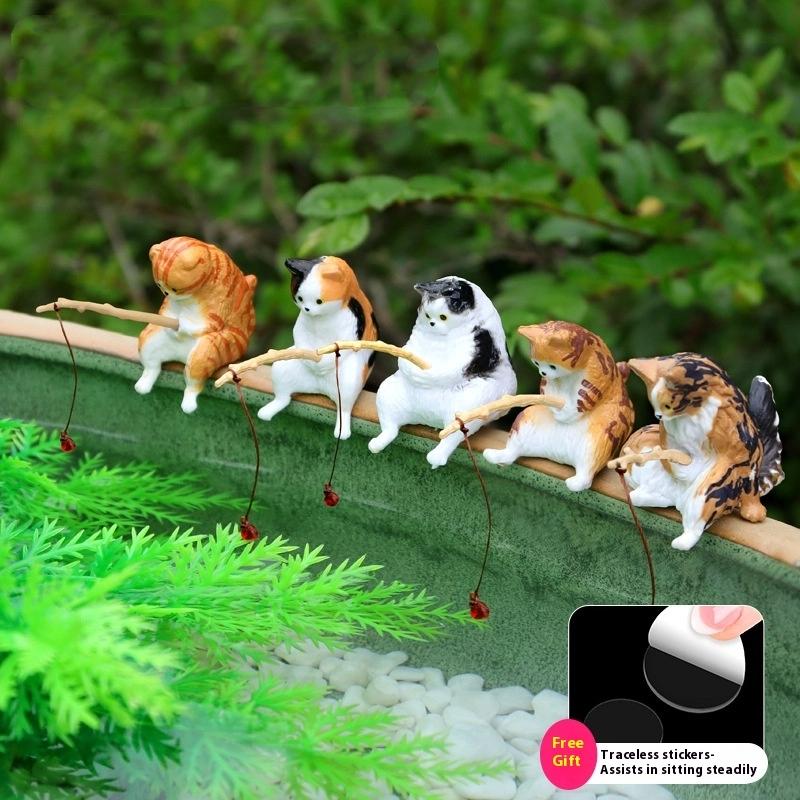 3Pcs Fishing Cat Ladybug Lotus Leaf Set Ornaments Aquarium Decoration Cartoon Cat Statue Mini Resin Figurine Home Decor