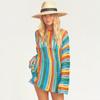 2022 Colorful Knit Bikini Cover Up Sexy Cutout Long Sleeve Mini Dress Casual Loose Top Summer Women Beachwear Swimwear Cover Up Q1399