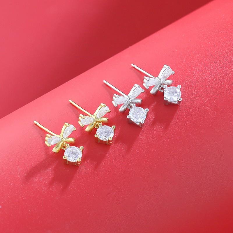 Sterling Zircon Bow Knot Earrings Women Elegant French Chic Minimalist Dainty Ear Studs