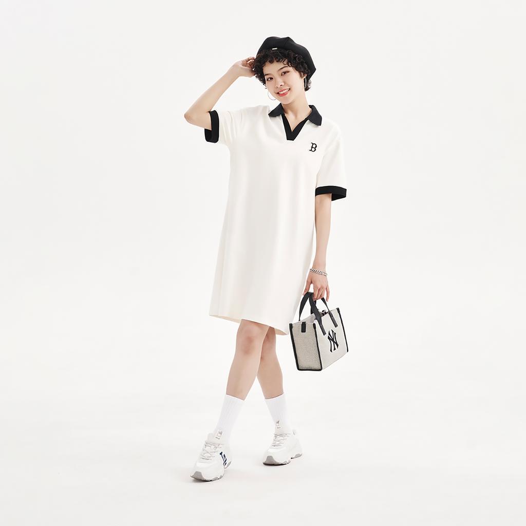 MLB Boston Red Sox Logo Embroidered Color Block Athletic Moisture-Wicking Breathable V-Neck Short Sleeve Dress Women dress White 3FOPB0333-43CRS