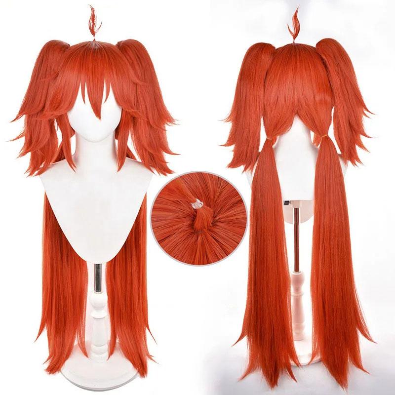 Парик для косплея Koleda Belobog Game ZZZ Orange Red Long с двойными хвостиками из термостойких синтетических волос для Хэллоуина + шапочка для парика