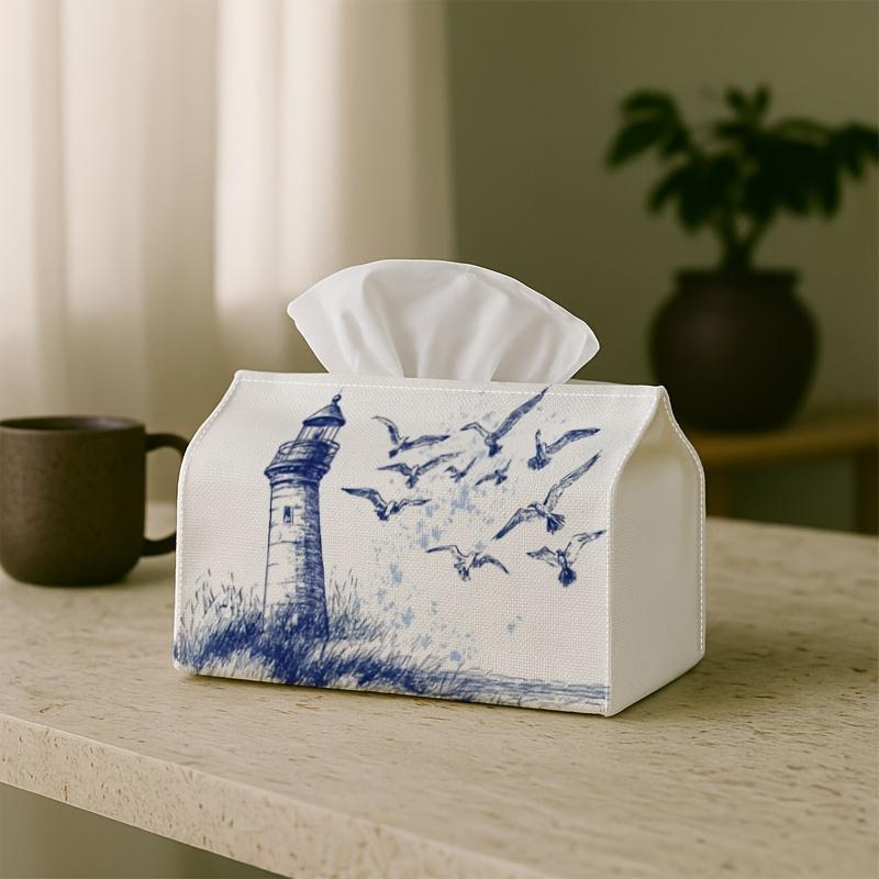 2D Flat, 1 Lighthouse Seabird Sketch Tissue Box - Coastal Vintage Illustration Napkin Holder, Suitable for Roll/Facial Tissues/Individual Tissues, Mul