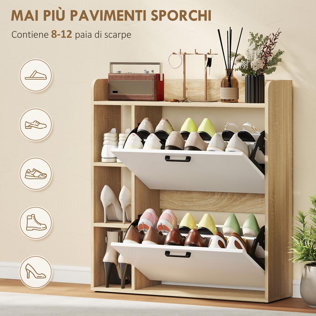 Slim Shoe Rack, 2 Tilting Drawers, 3 Open Compartments, 15 Shoes, 83x24x90.5cm, Wood & White