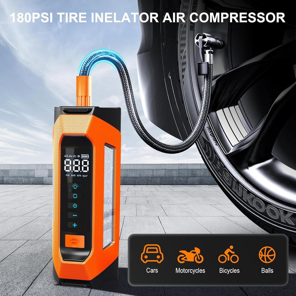 Car Jump Starter with Air Compressor, 800 Lumen LED Light and 180PSI Portable Battery Jump Box,12V Auto Tire Inflator Jumper Starter Combo LCD Display