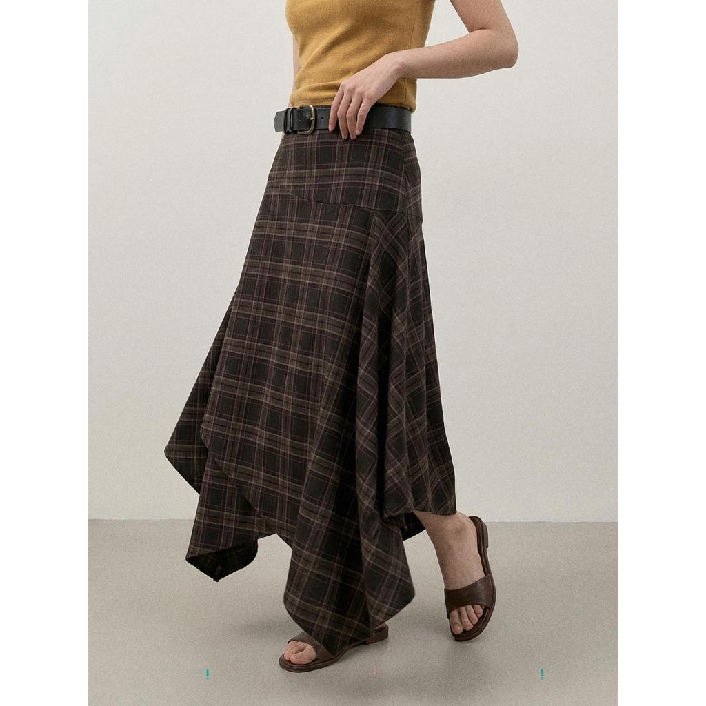 Ge Ming Women's Retro High-Waist Irregular Plaid Mid-Length Skirt for Spring, W442C