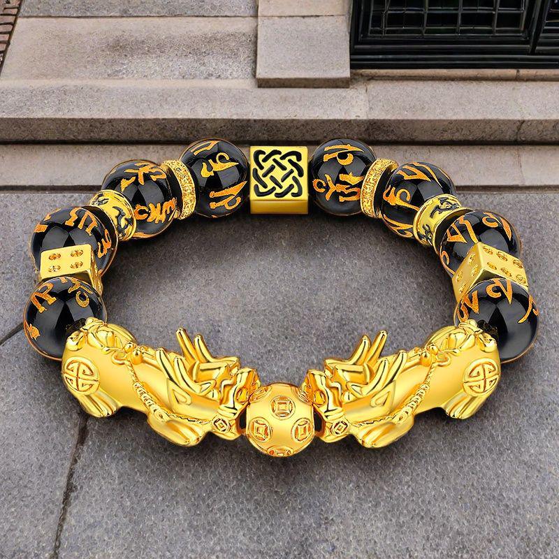 Мужской эластичный браслет из натурального обсидиана с двойным пиксю и бусинами из сплава