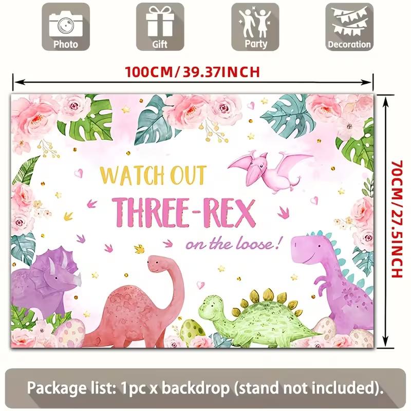 2D "Watch Out Three-Rex" Pink Watercolor Dinosaur 3rd Birthday Backdrop