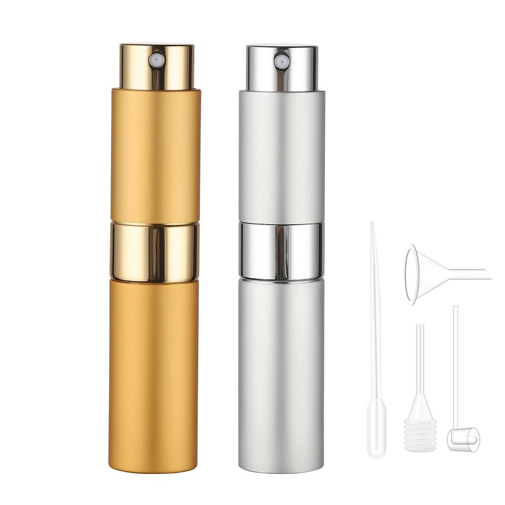 2Pcs 4 Accessories 8ML Perfume Dispenser Bottle W/ 2 Spray Bottle Tubes 1 Funnel, 1 Dropper, 1 Spring Straw, 1 Dispensing Tool