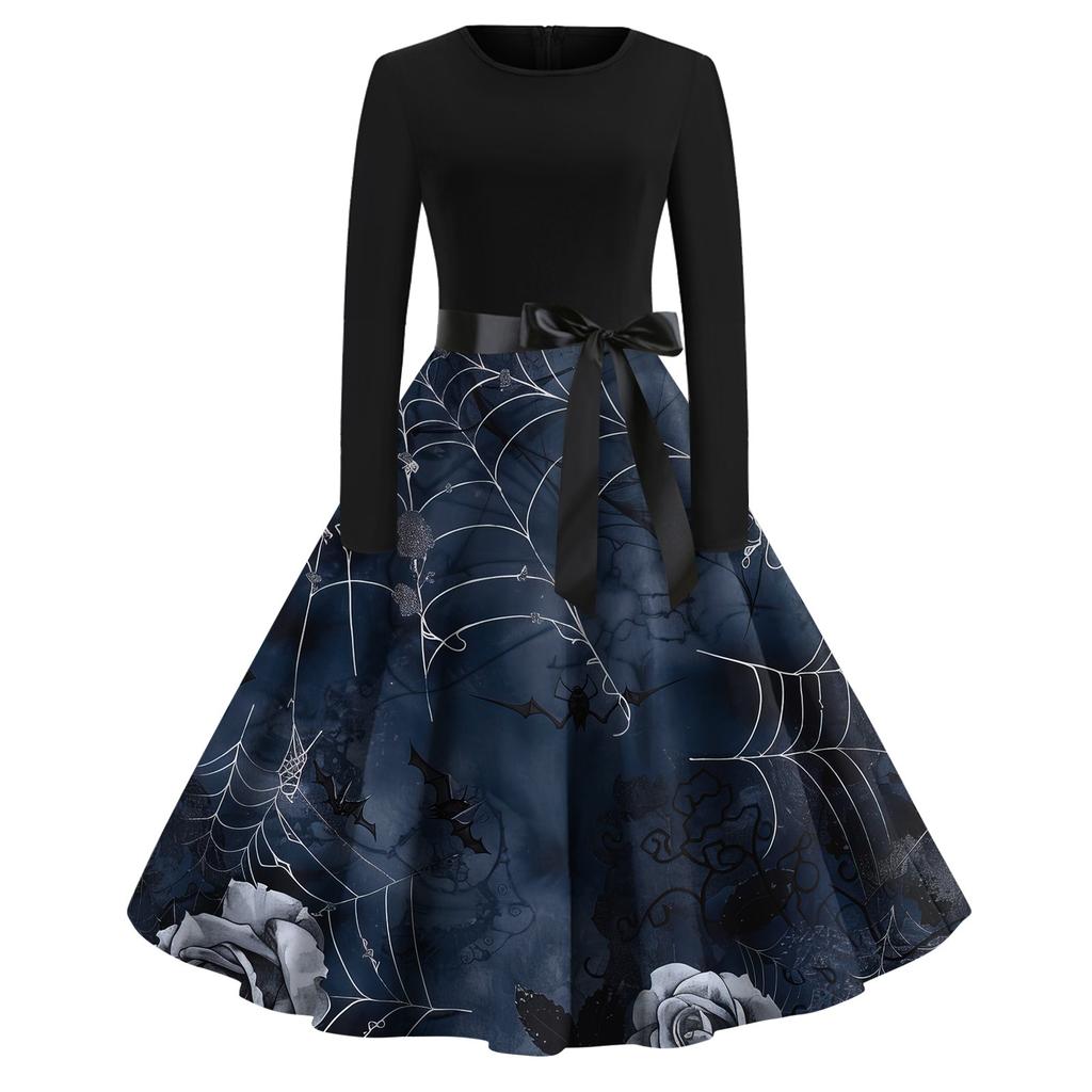 Платье-клеш с принтом на Хэллоуин для женщин с длинным рукавом, повседневные платья с круглым вырезом и ажурной отделкой