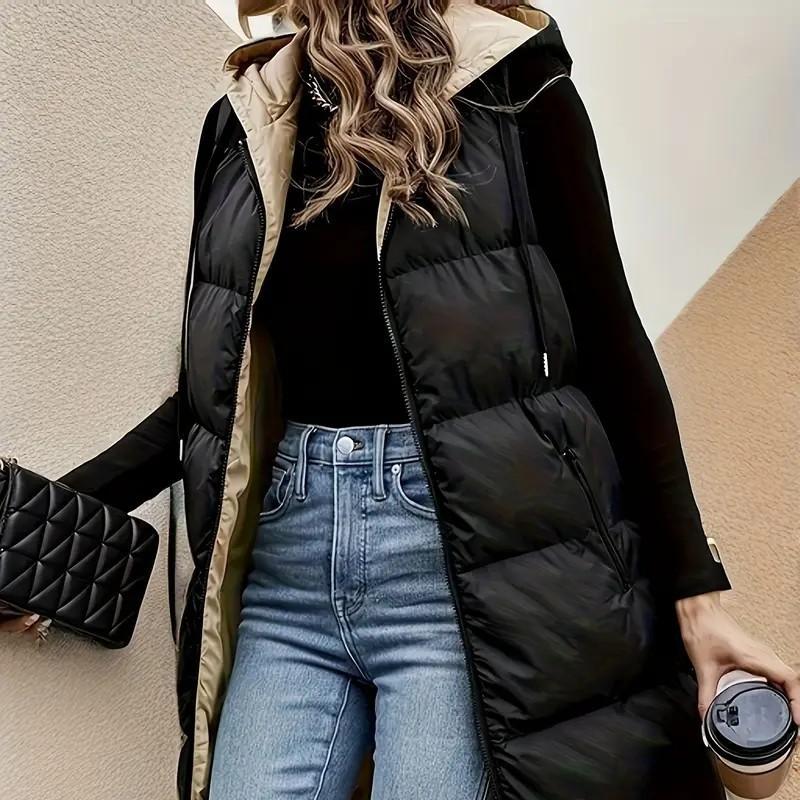 Women New Mid‑Length Hooded Puffer Vest, Zip Up Drawstring Loose Fit Plus Size Sleeveless Warm Casual Outerwear for Ladies