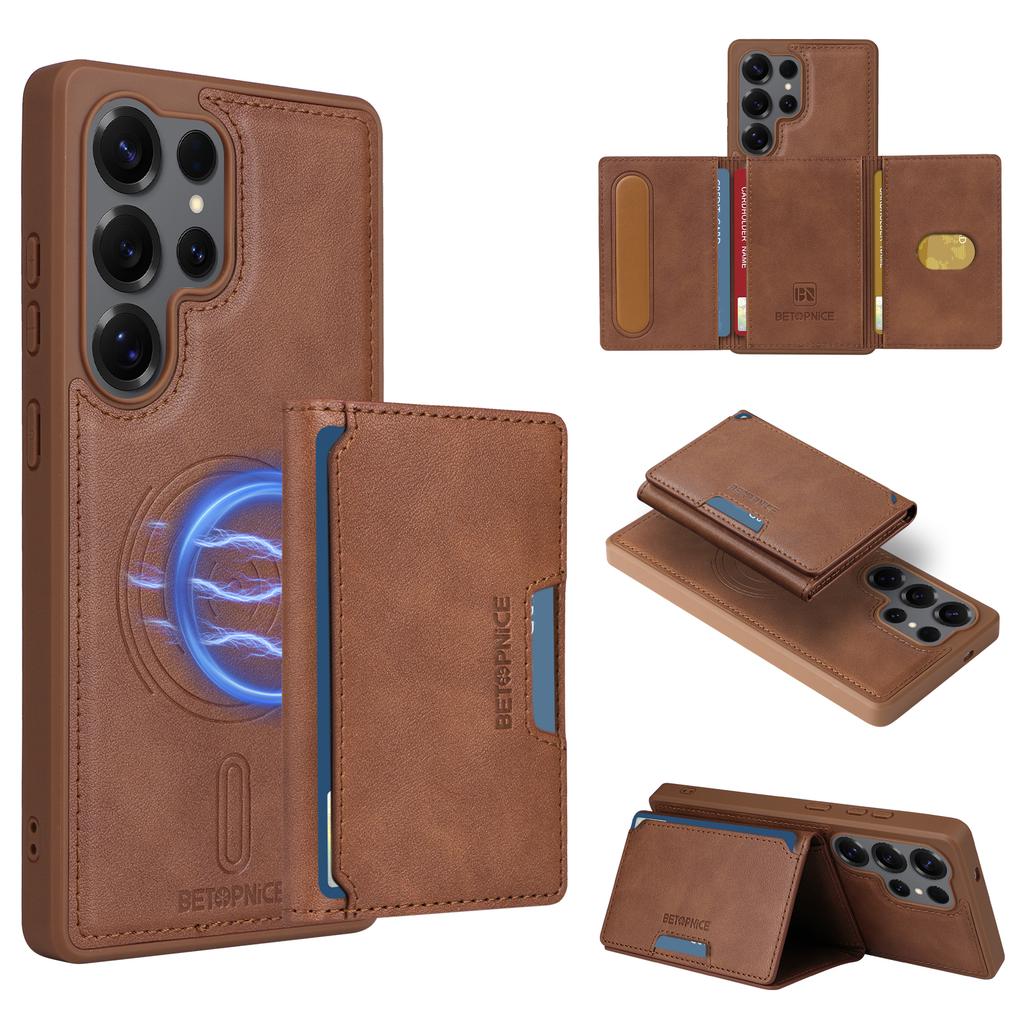 For Samsung Galaxy S25 Ultra Magnetic Case BETOPNICE Leather Phone Cover Kickstand with Detachable Card Bag