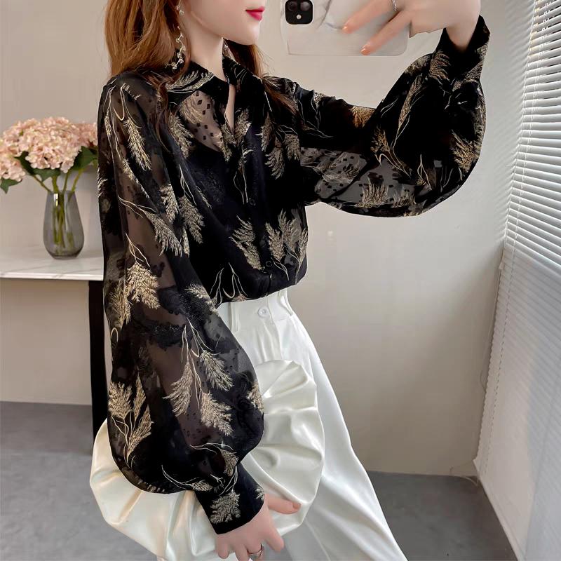 Уникальная цветочная рубашка, весенняя воздушная блузка из шифона с отложным воротником и рукавами-фонариками, женская верхняя одежда
