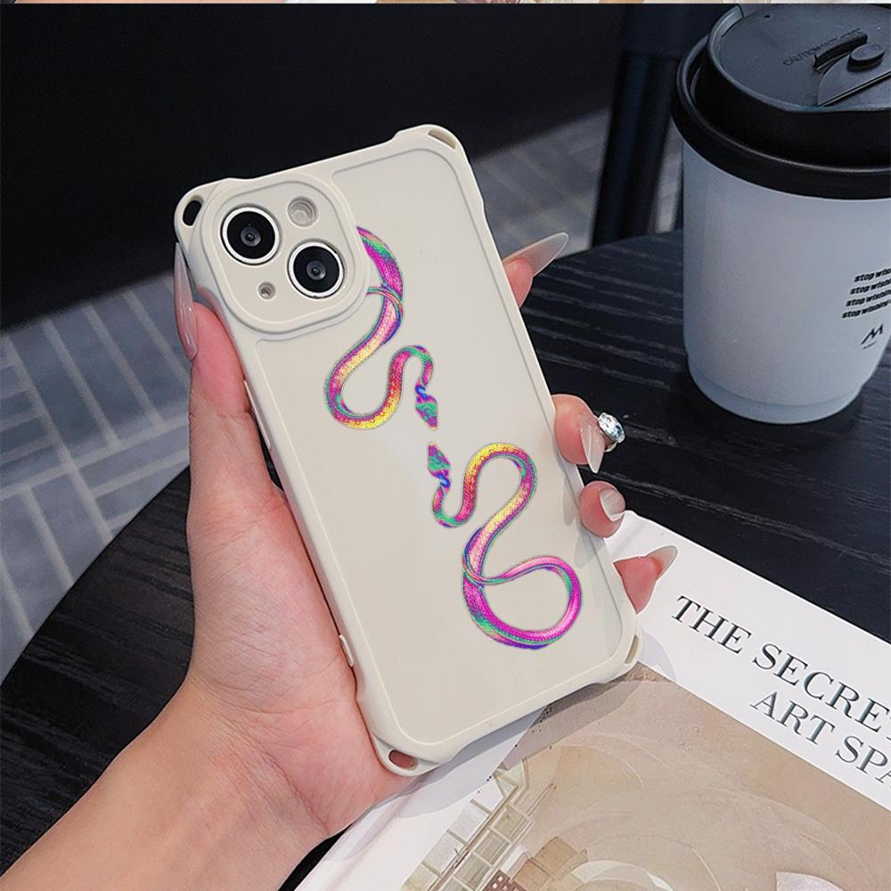 Soft Phone Cases for iPhone 16 15 13 12 11 14 Pro Max 8 Plus Four Corners Anti-Drop Protective Cover Optional Lanyard Rope N73 Black Gold Snake Design