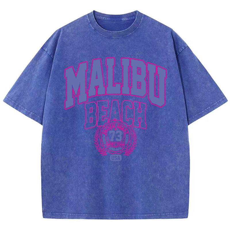 Vintage Woman Acid Wash T-Shirts Malibu Beach Pacific Coast Sport Team Prints Tops Crewneck Cotton Oversize Tees Clothes